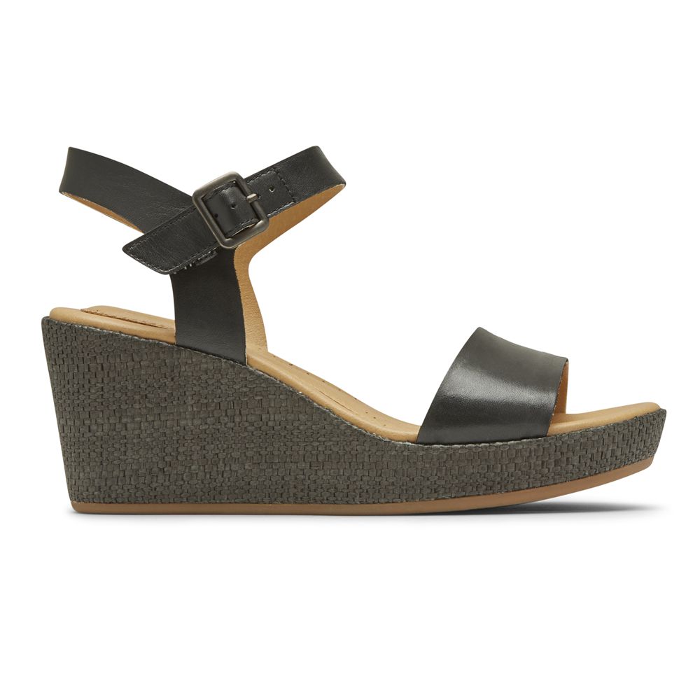 Rockport Lyla Ankle-Strap - Womens Wedges Sandals - Black - NZ (RGI-095461)